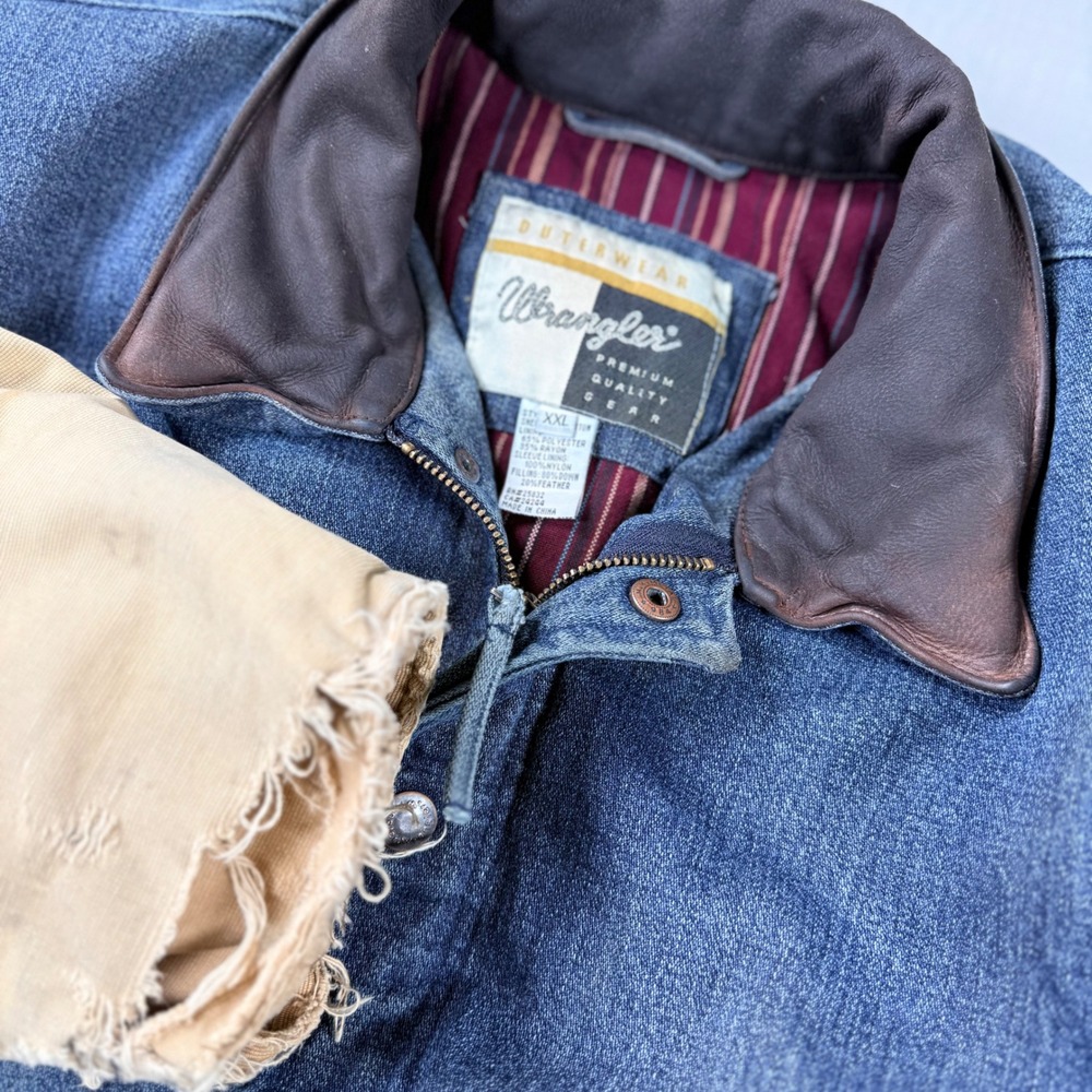 Vtg Wrangler Premium Quality Denim Down Jacket Men XXL Canvas Leather Distressed